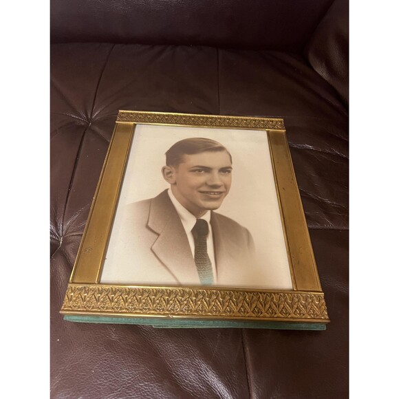 Brass Picture Frame 8x10 Embossed Foliate Border Mid-Century Portrait Frame VTG - Picture 1 of 4
